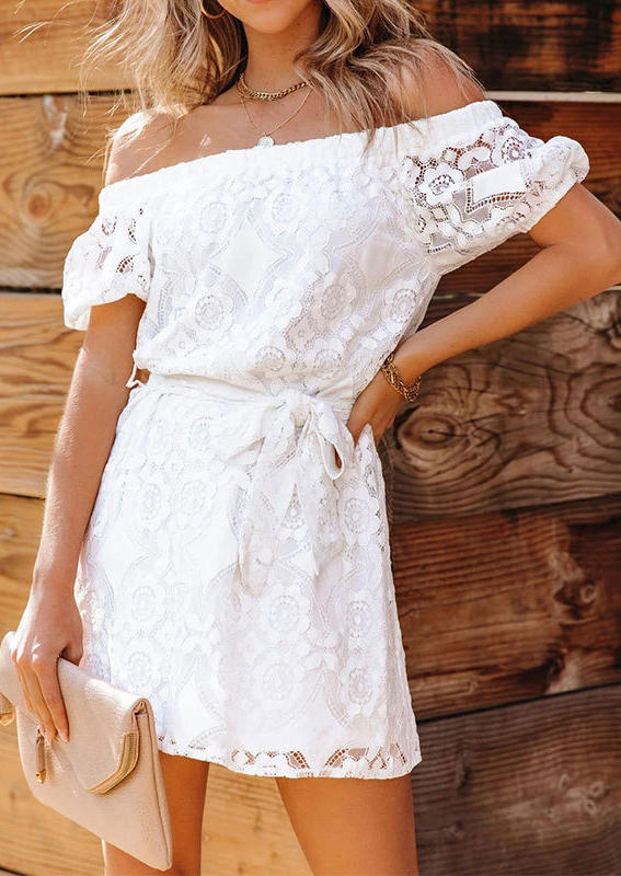 

Mini Dresses Lace Elastic Cuff Off Shoulder Mini Dress in White. Size