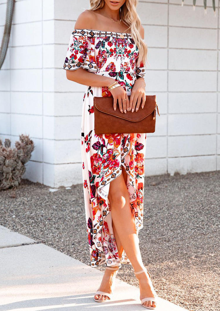 

Maxi Dresses Floral Asymmetric Hem Off Shoulder Maxi Dress in Multicolor. Size: ,M,L,XL