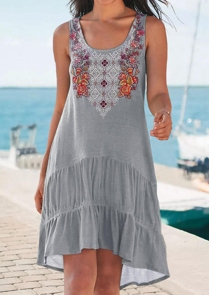 

Mini Dresses Vintage Floral Asymmetric Sleeveless Mini Dress in Gray. Size: ,L,XL,2XL