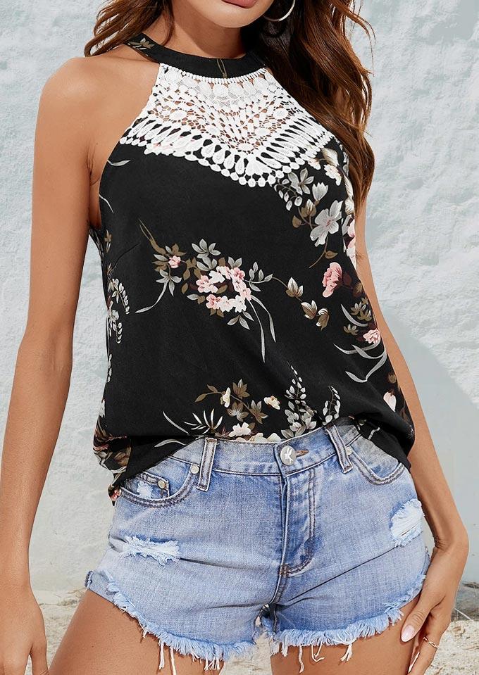 

Tank Tops Lace Floral Halter Tie Camisole in Black. Size: ,M,L