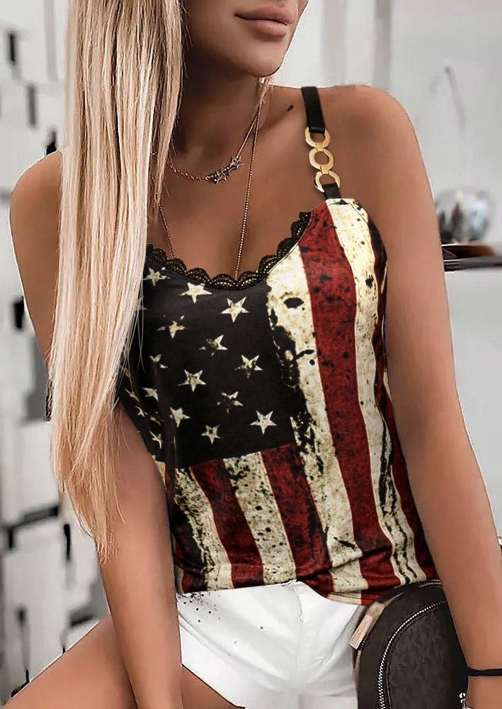 

Tank Tops American Flag Star Striped Lace Splicing Camisole in Black. Size