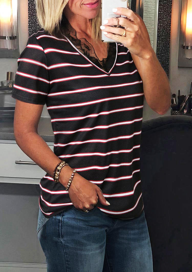 Striped Lace Splicing V-Neck Blouse