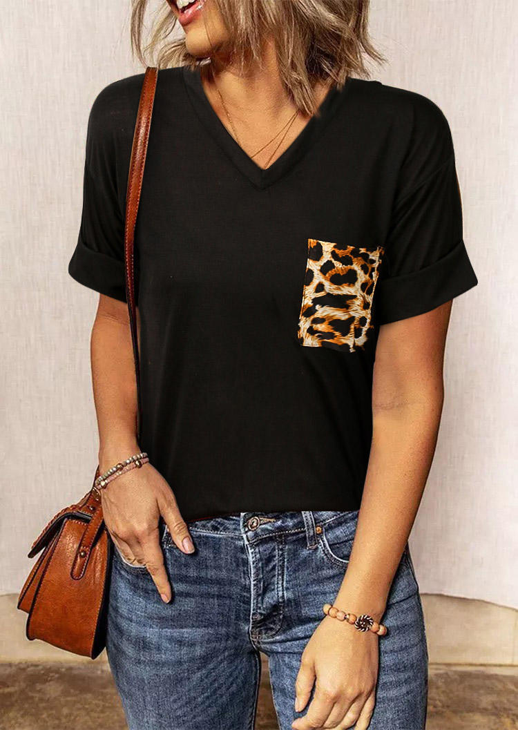 

T-shirts Tees Leopard Pocket V-Neck T-Shirt Tee in Black. Size