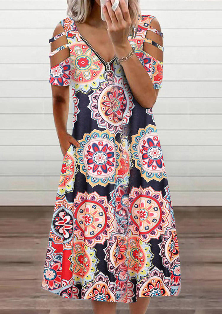 

Midi Dresses Mandala Zipper Collar Cold Shoulder Pocket Midi Dress in Multicolor. Size: ,L