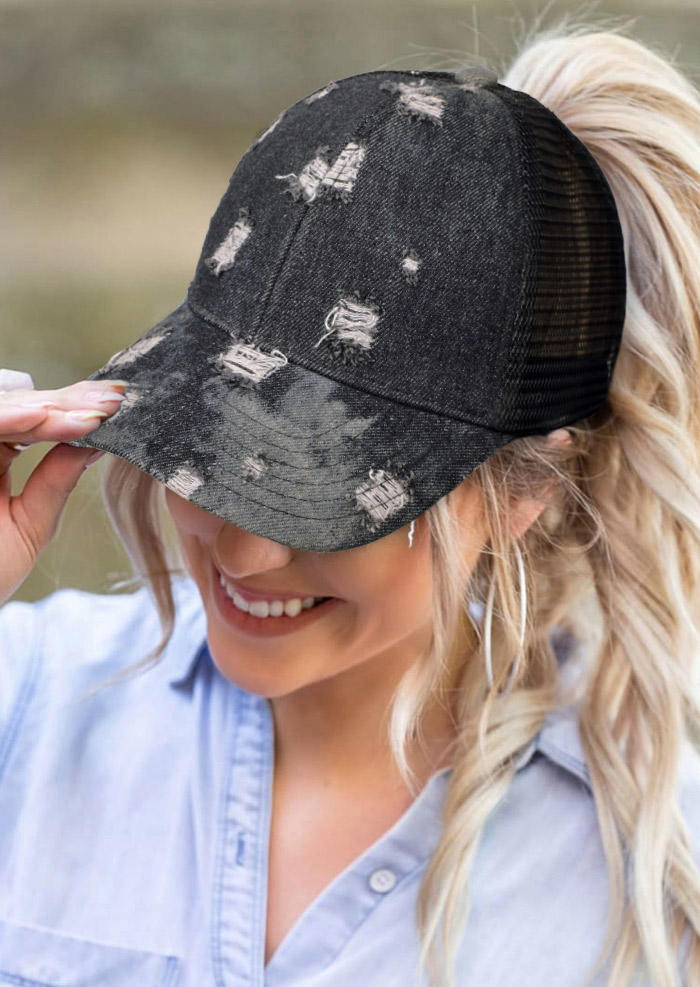 

Ripped Hole Distressed Hollow Out Ponytail Baseball Cap, Black, 508534