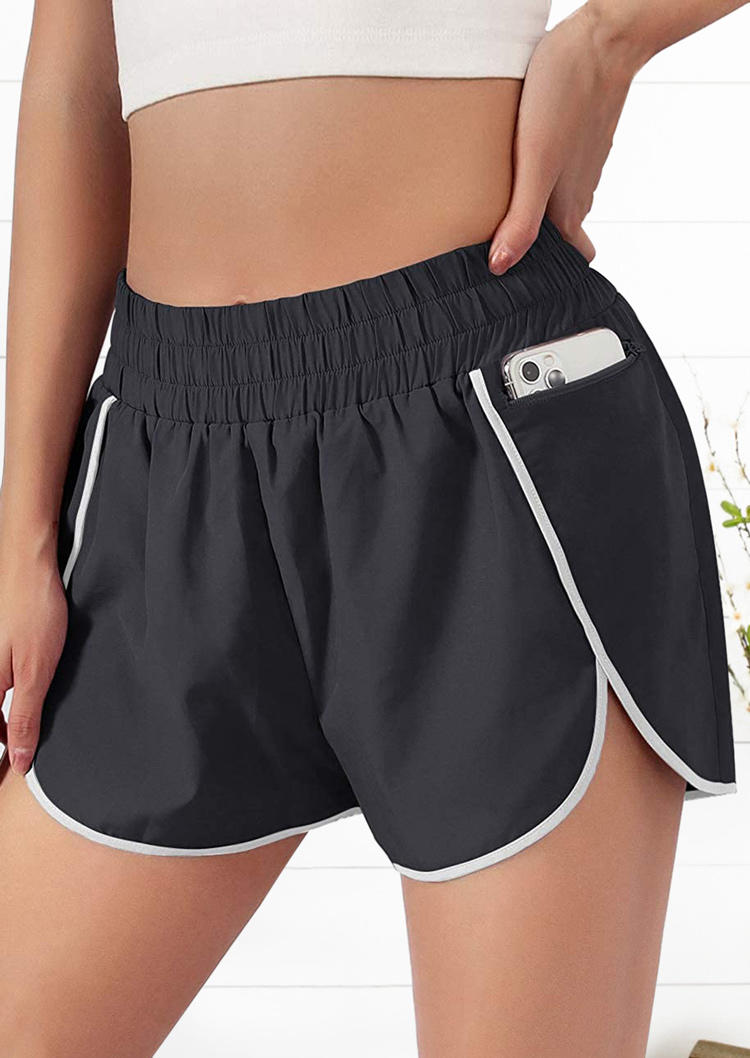 

Activewear Zipper Pocket Elastic Waist Slit Activewear Sports Shorts in Black. Size