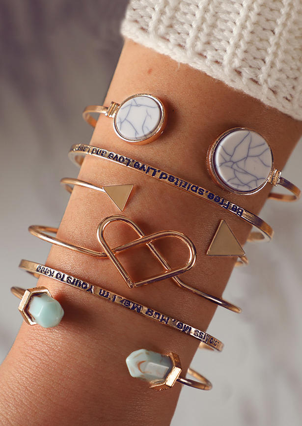 

Bracelet 6Pcs Turquoise Hollow Out Heart Geometric Bracelet Set in Gold. Size