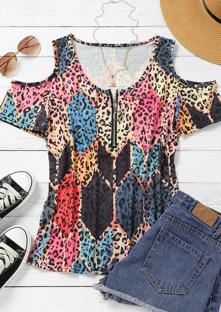 

Blouses Colorful Geometric Leopard Zipper Collar Cold Shoulder Blouse in Multicolor. Size