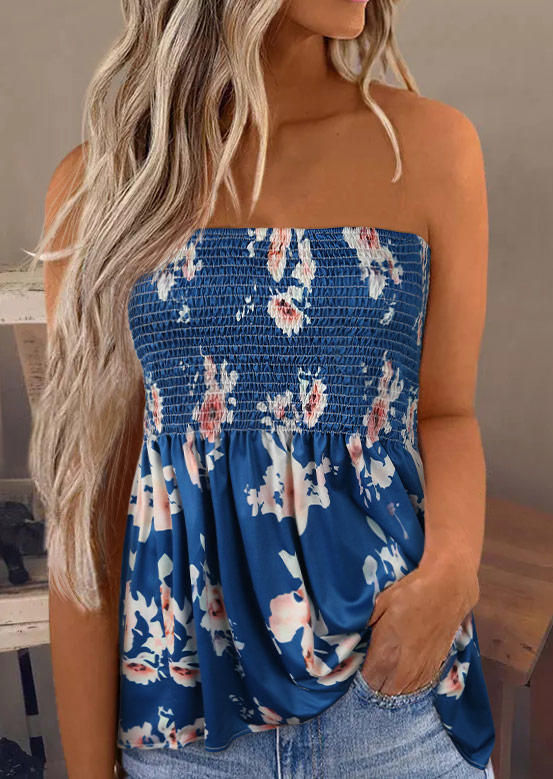 

Tank Tops Floral Smocked Strapless Casual Tank Top in Blue. Size