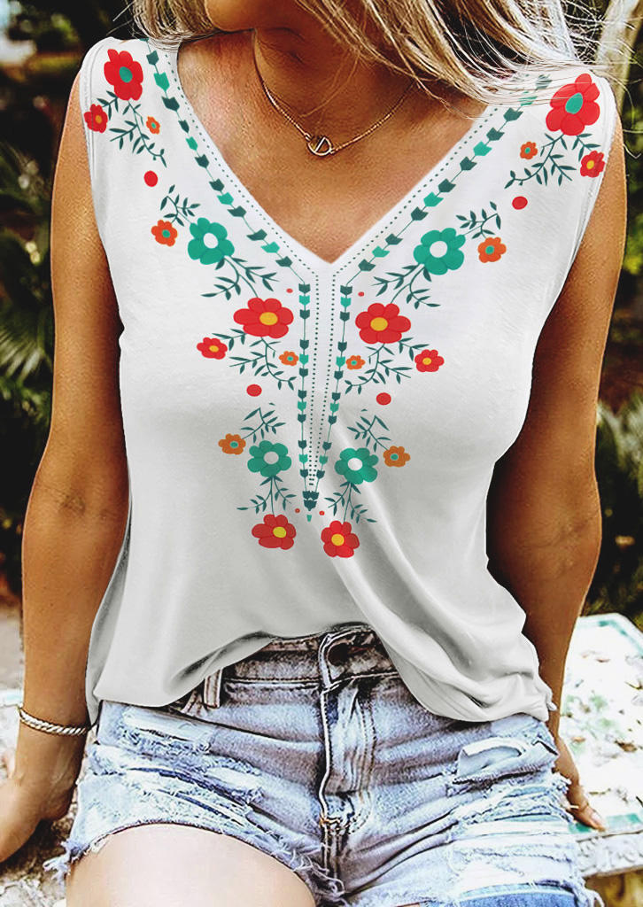 

Tank Tops Vintage Floral V-Neck Casual Tank Top in White. Size: ,L,XL,2XL