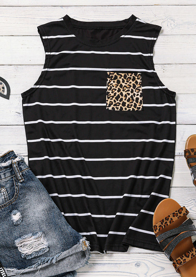 

Tank Tops Striped Leopard Pocket Casual Tank Top in Black. Size: ,M,L,XL