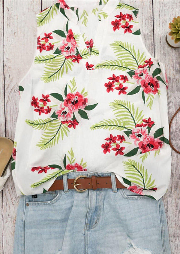Floral Sleeveless V-Neck Tank - White