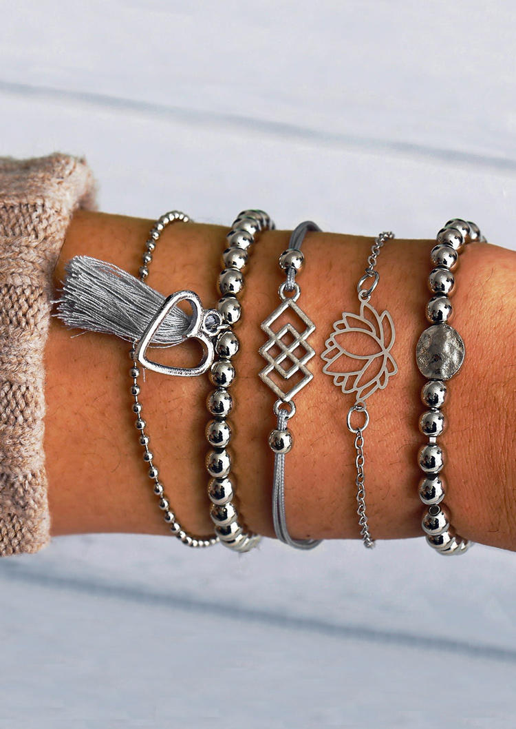 

Bracelet 5Pcs Hollow Out Heart Lotus Beading Tassel Bracelet Set in Silver. Size