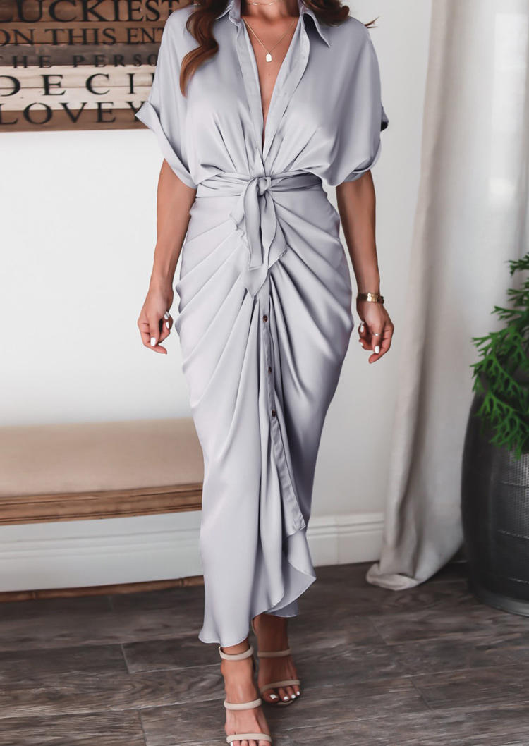 

Maxi Dresses Ruffled Button Tie Maxi Dress in Light Grey. Size