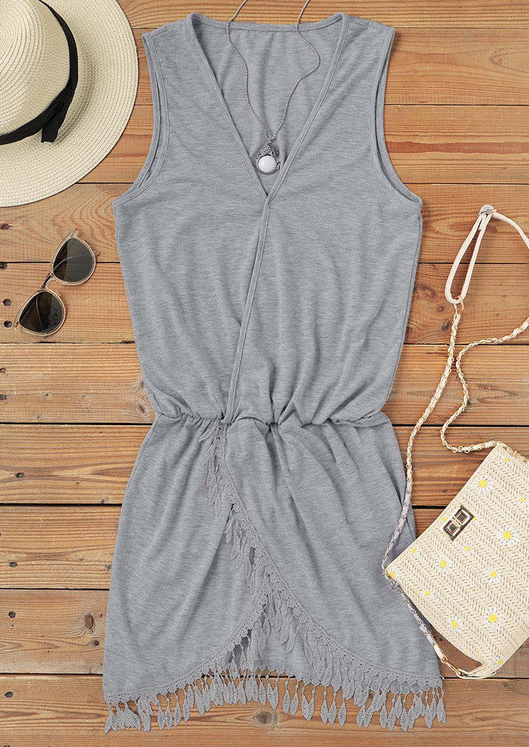 Tassel Irregular Ruffled V-Neck Mini Dress - Gray