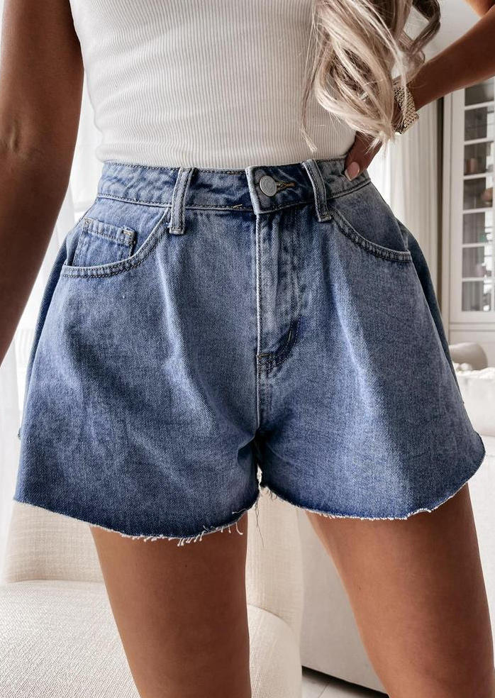 

Shorts Pocket Zipper Wide Leg High Waist Denim Shorts in Blue. Size
