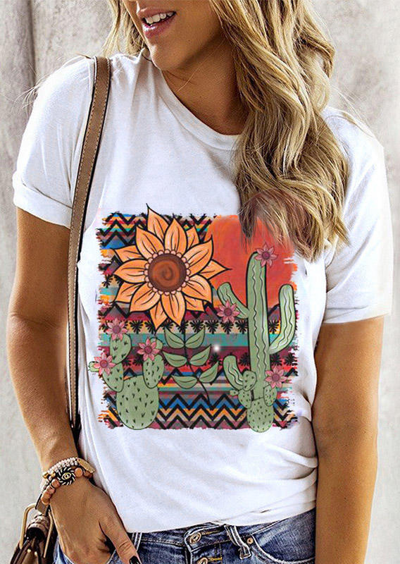 

T-shirts Tees Western Cactus Sunflower T-Shirt Tee in White. Size