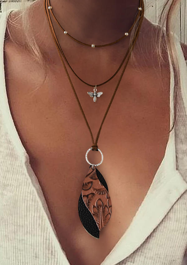 

Necklaces Multi-Layered Leather Leaf Bee Pendant Necklace in Brown. Size