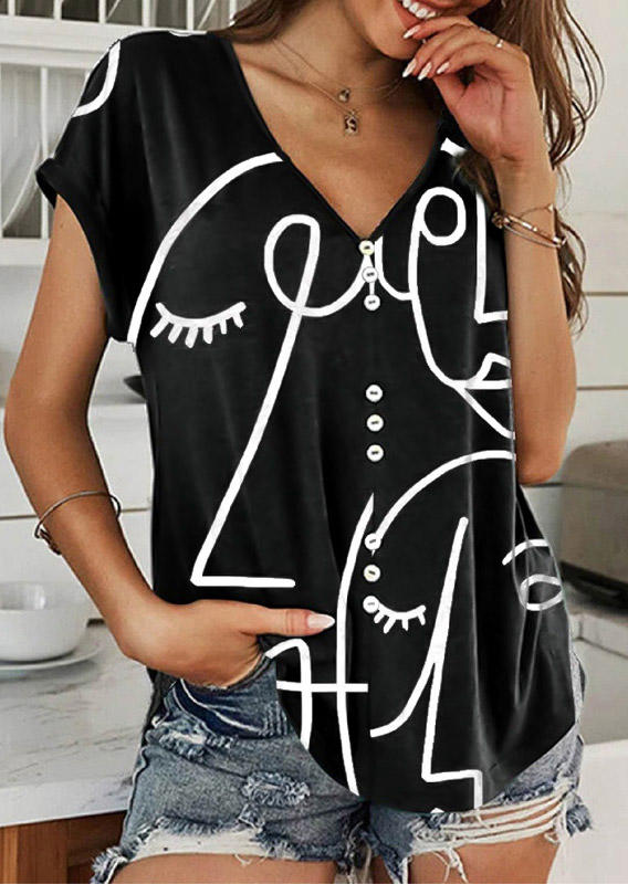 

Blouses Abstract Painting Button V-Neck Casual Blouse in Black. Size: ,M,L,XL