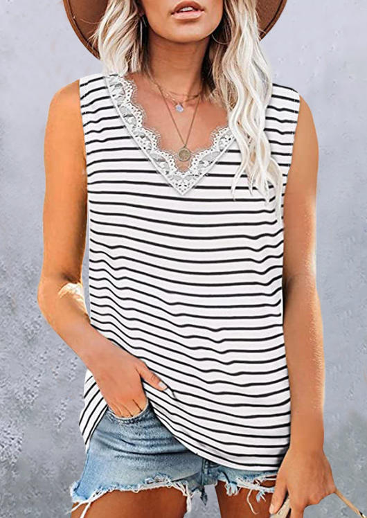 

Tank Tops Striped Lace Splicing V-Neck Tank Top in Stripe. Size: ,M,L,XL