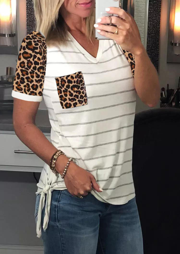 

Blouses Striped Tie Leopard Pocket V-Neck Blouse in White. Size