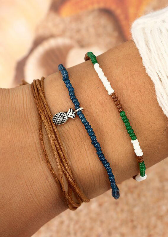 

3Pcs Colorful Beading Pineapple Braided Bracelet Anklet Set, Coffee, 508998