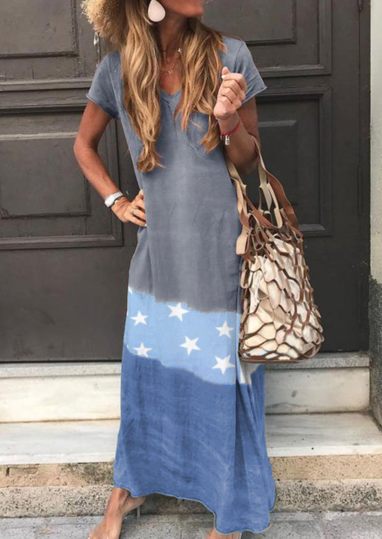 

Maxi Dresses Color Block Star Loose Maxi Dress in Blue. Size: ,M,L,XL