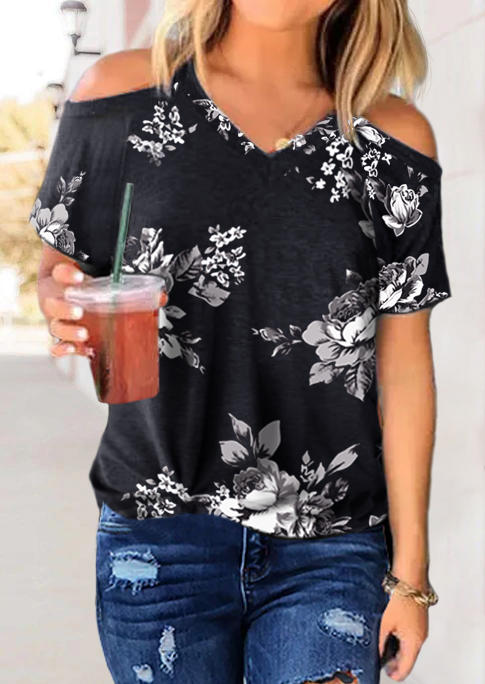 

Blouses Floral V-Neck Cold Shoulder Blouse in Black. Size