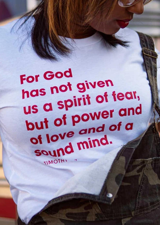 

T-shirts Tees For God Has Not Given Us A Spirit Of Fear T-Shirt Tee in White. Size: ,M,L,XL