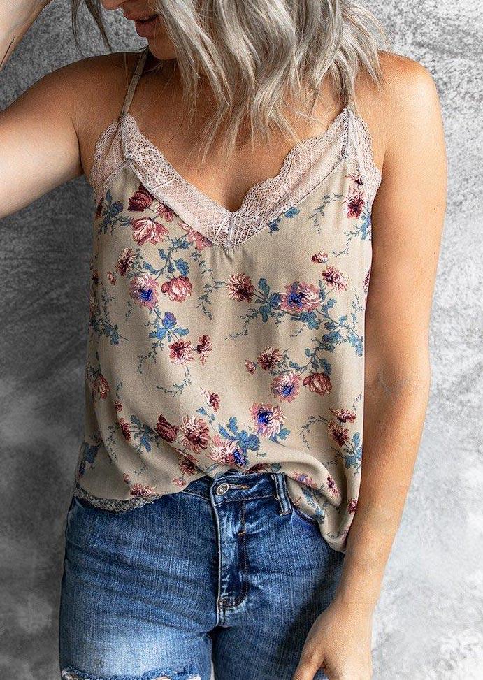 

Tank Tops Floral Lace Splicing V-Neck Camisole in Multicolor. Size