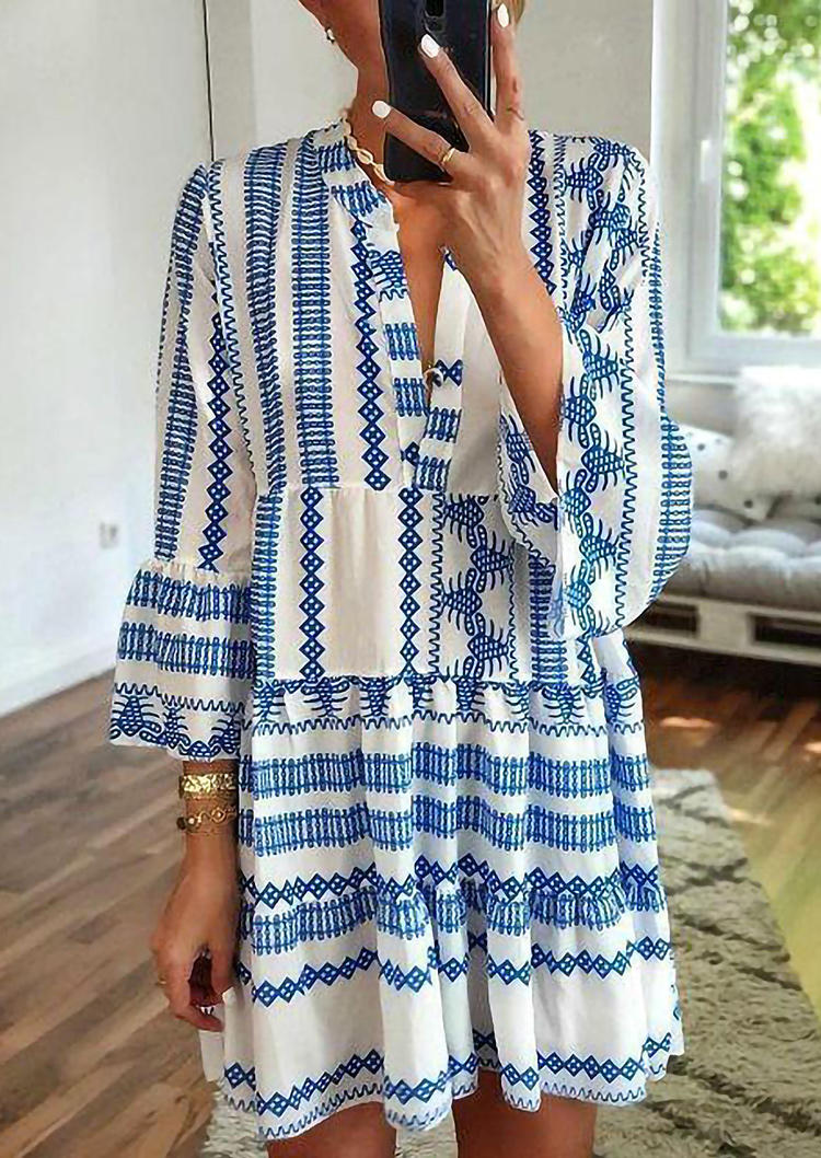 

Mini Dresses Geometric Striped Ruffled V-Neck Mini Dress in Blue. Size