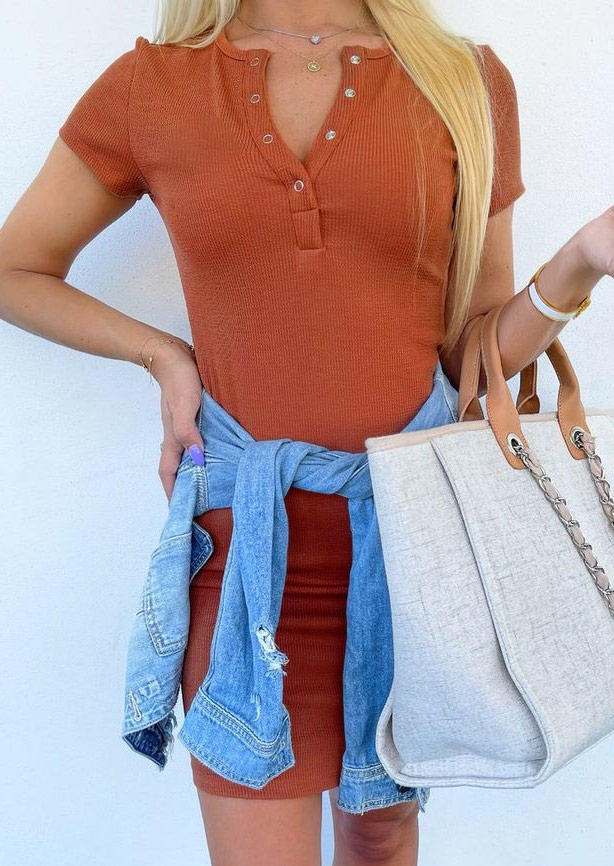 Snap Button Short Sleeve V-Neck Bodycon Dress - Orange