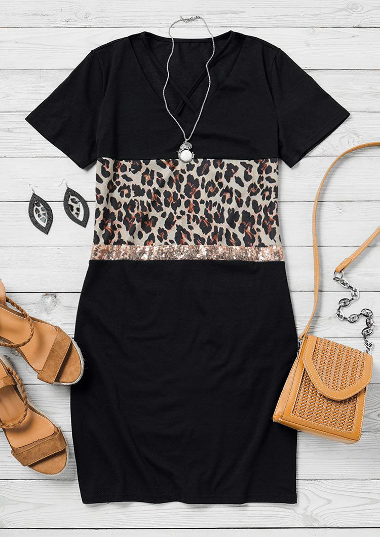 Mini Dresses Leopard Sequined Splicing Criss-Cross Mini Dress in Black. Size: S,M,L