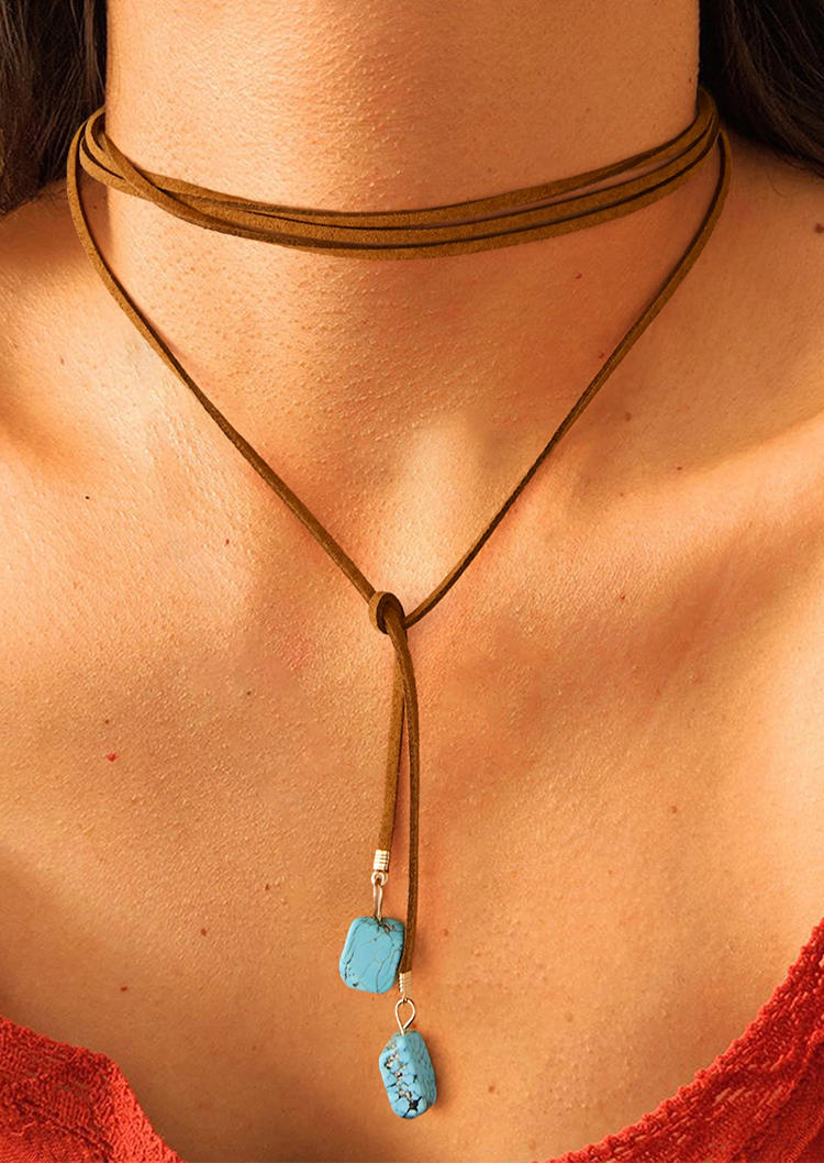 

Necklaces Bohemian Suede Turquoise Pendant Long Choker Necklace in Brown. Size