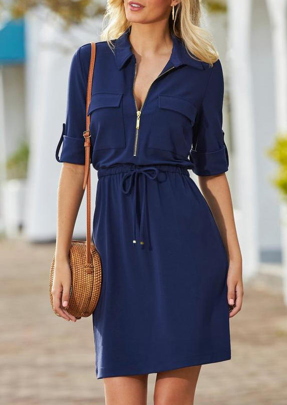 

Mini Dresses Zipper Collar Tab-Sleeve Drawstring Mini Dress in Navy Blue. Size: ,M,L,XL