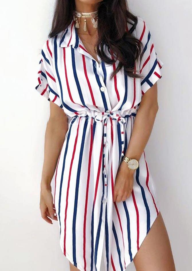 Mini Dresses Striped Button Drawstring Asymmetric Mini Dress in Stripe. Size: S,M,L