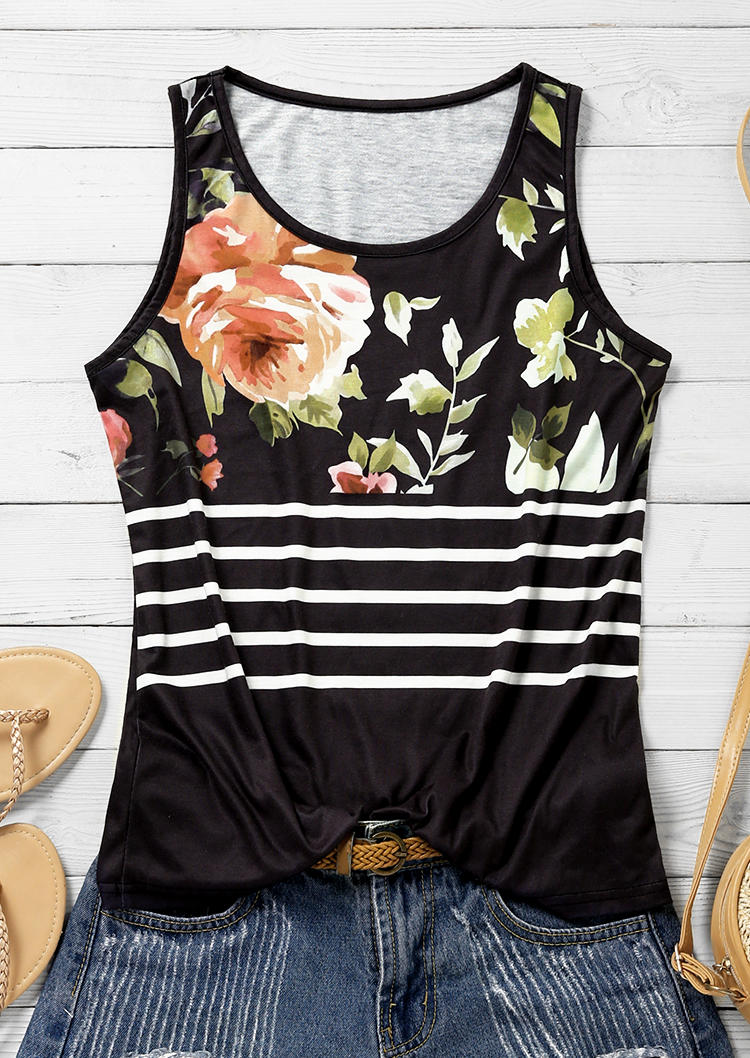 

Tank Tops Floral Striped Sleeveless Tank Top in Black. Size