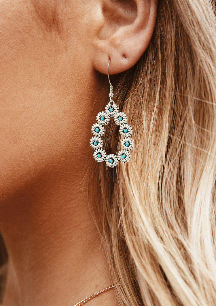 

Earrings Turquoise Sunflower Hollow Out Water Drop Earrings in Silver. Size