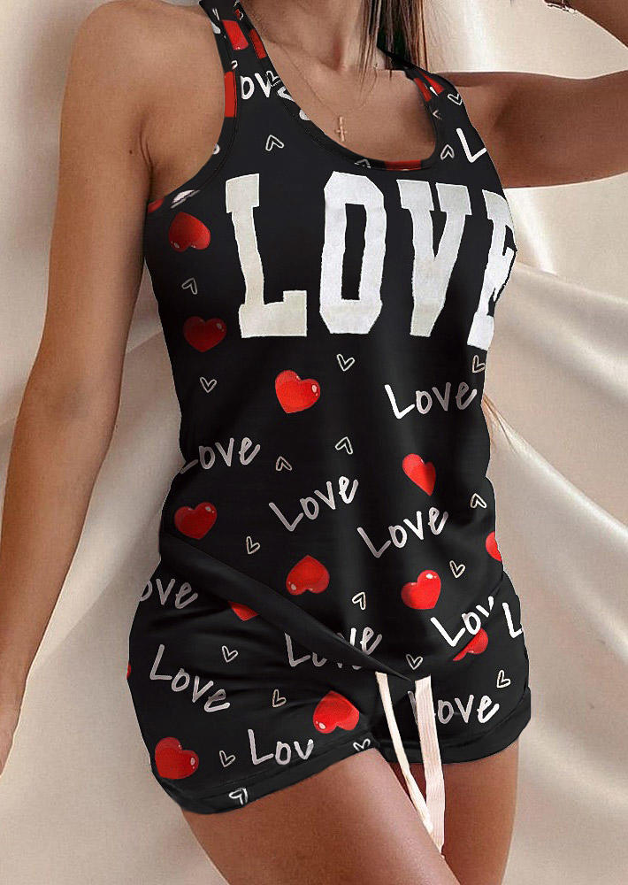 

Two-Piece Sets Love Heart Racerback Tank And Drawstring Shorts Two-Piece Set in Black. Size