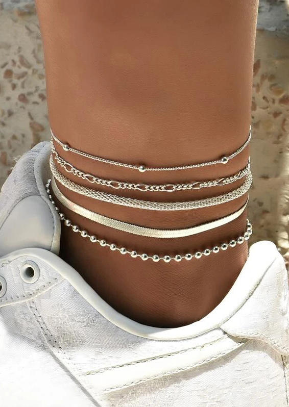 

Body Jewelry 5Pcs Chain Beading Alloy Anklet Set in Silver. Size