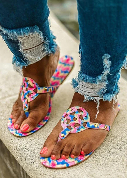 

Slippers Tie Dye Rivet Hollow Out Flat Flip Flop Slippers in Multicolor. Size: ,38,39,40,41