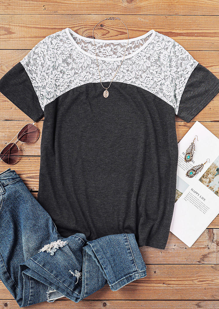 

Blouses Lace Splicing O-Neck Casual Blouse in Dark Grey. Size