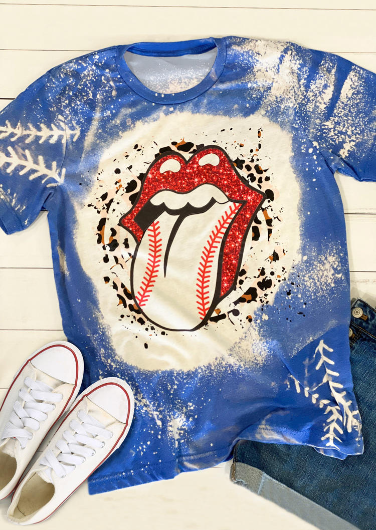 

T-shirts Tees Leopard Baseball Tongue Glitter Lips Bleached T-Shirt Tee in Blue. Size: ,M,L,XL