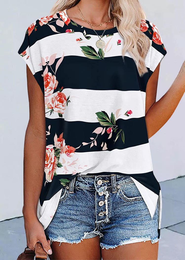 

Blouses Striped Floral O-Neck Casual Blouse in Stripe. Size