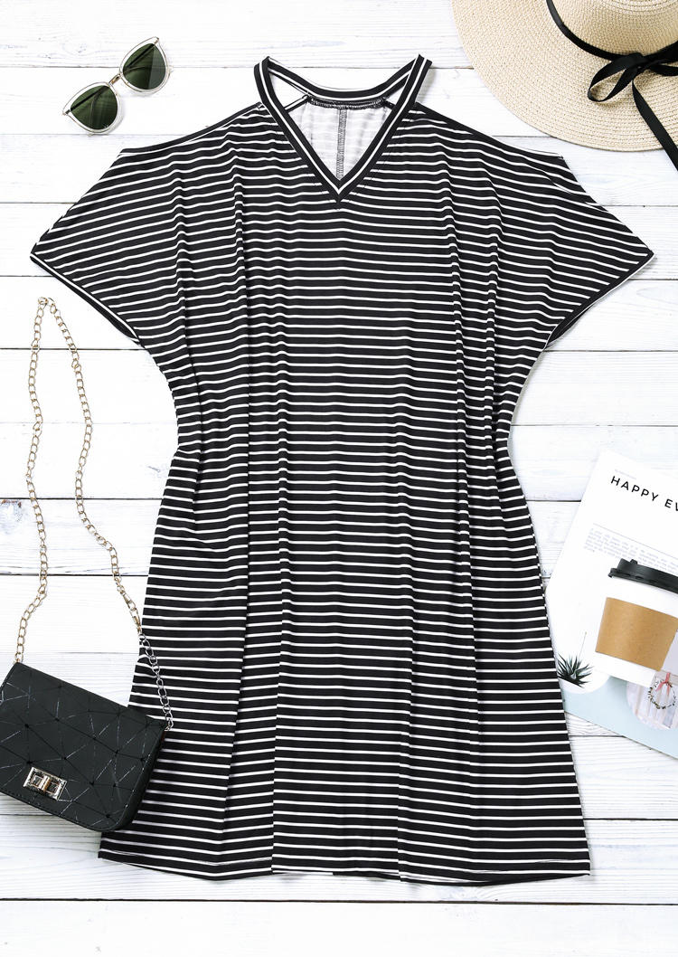 

Mini Dresses Striped V-Neck Cold Shoulder Mini Dress in Multicolor. Size