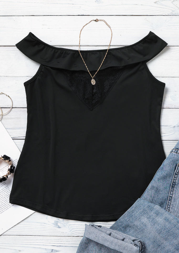 

Blouses Hollow Out Lace Splicing Off Shoulder Blouse in Black. Size