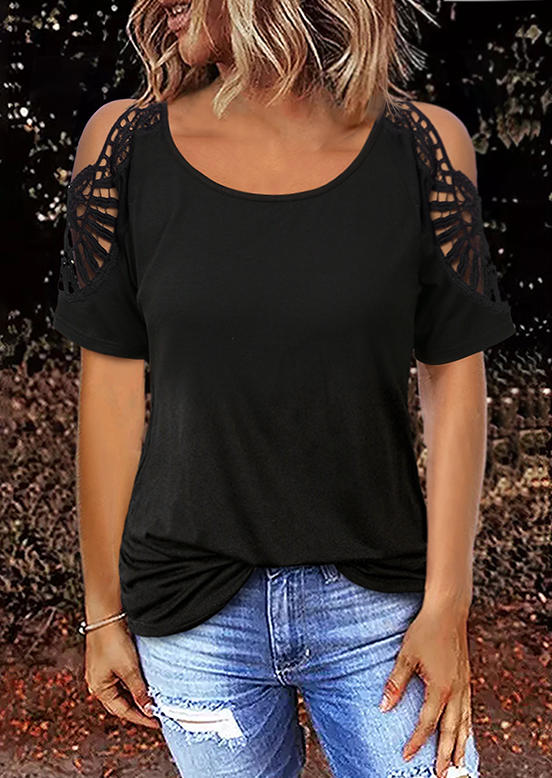 

Blouses Lace Cold Shoulder O-Neck Blouse in Black. Size: ,M,L