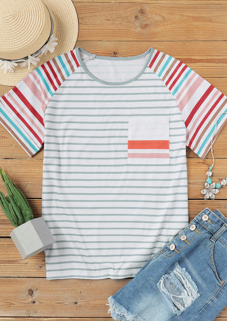 Blouses Colorful Striped Pocket Raglan Sleeve Blouse in Stripe. Size: M