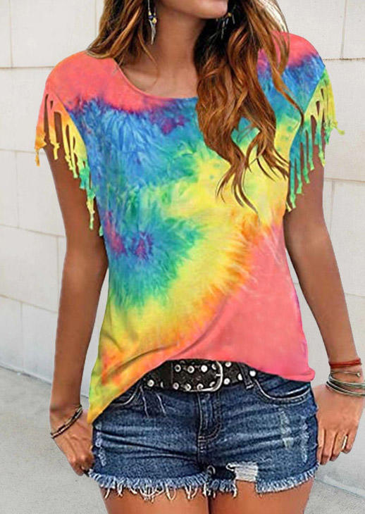 

Blouses Tie Dye Tassel Short Sleeve Blouse in Multicolor. Size: ,M,L,XL