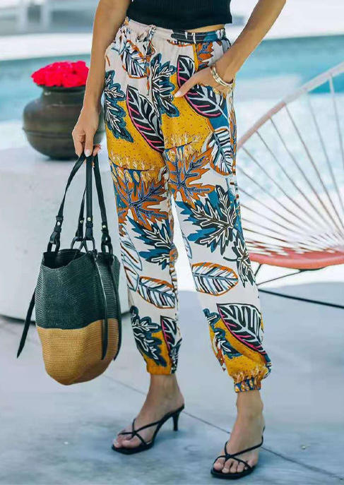

Pants Leaf Drawstring Elastic Waist Pocket Pants in Yellow. Size: ,M,L,XL